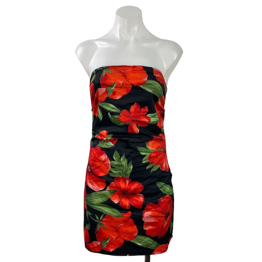 MNG by Mango Red Black Floral Sleeveless Strapless Bandeau Mini Tube Dress 2